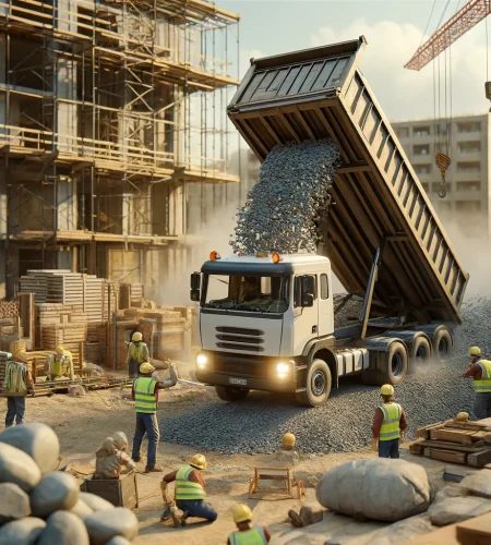 DALL·E 2024-11-18 16.22.02 - A realistic scene showing a truck offloading building stones at a construction site. The truck is tilted, and stones are tumbling onto a pile on the g